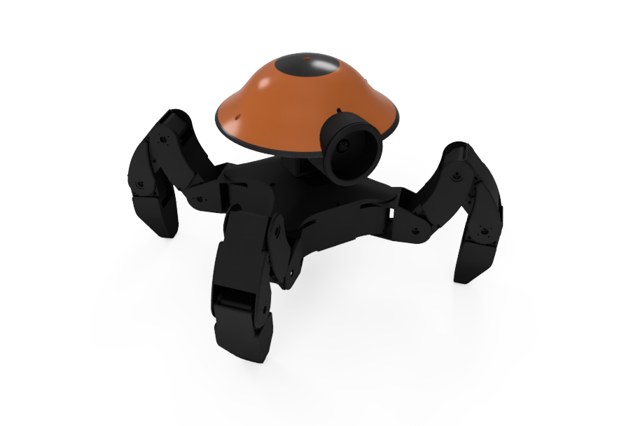 CAD render of the orange-and-black iOlly 4DOF quadruped