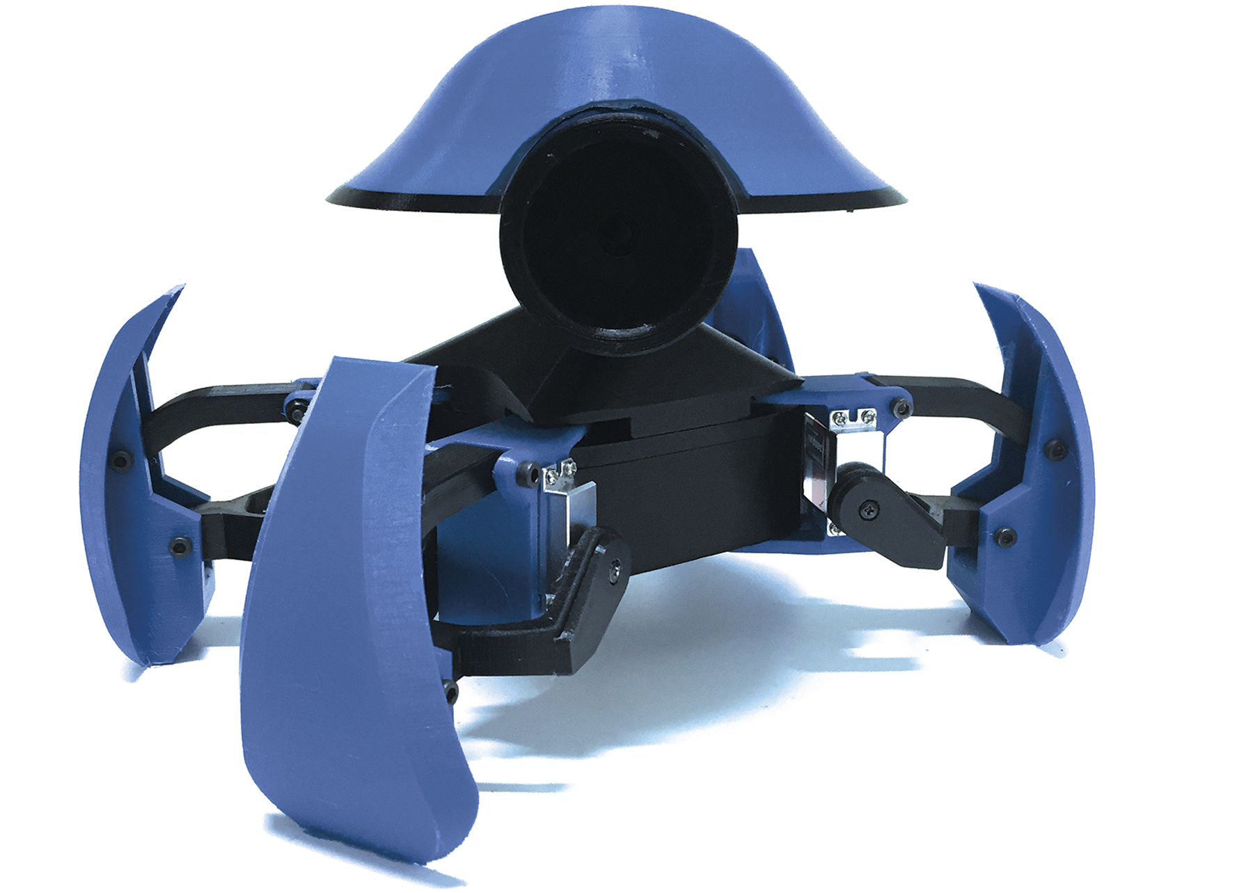 The built blue and black iOlly 2-DOF quadruped with four curved feet and a round head